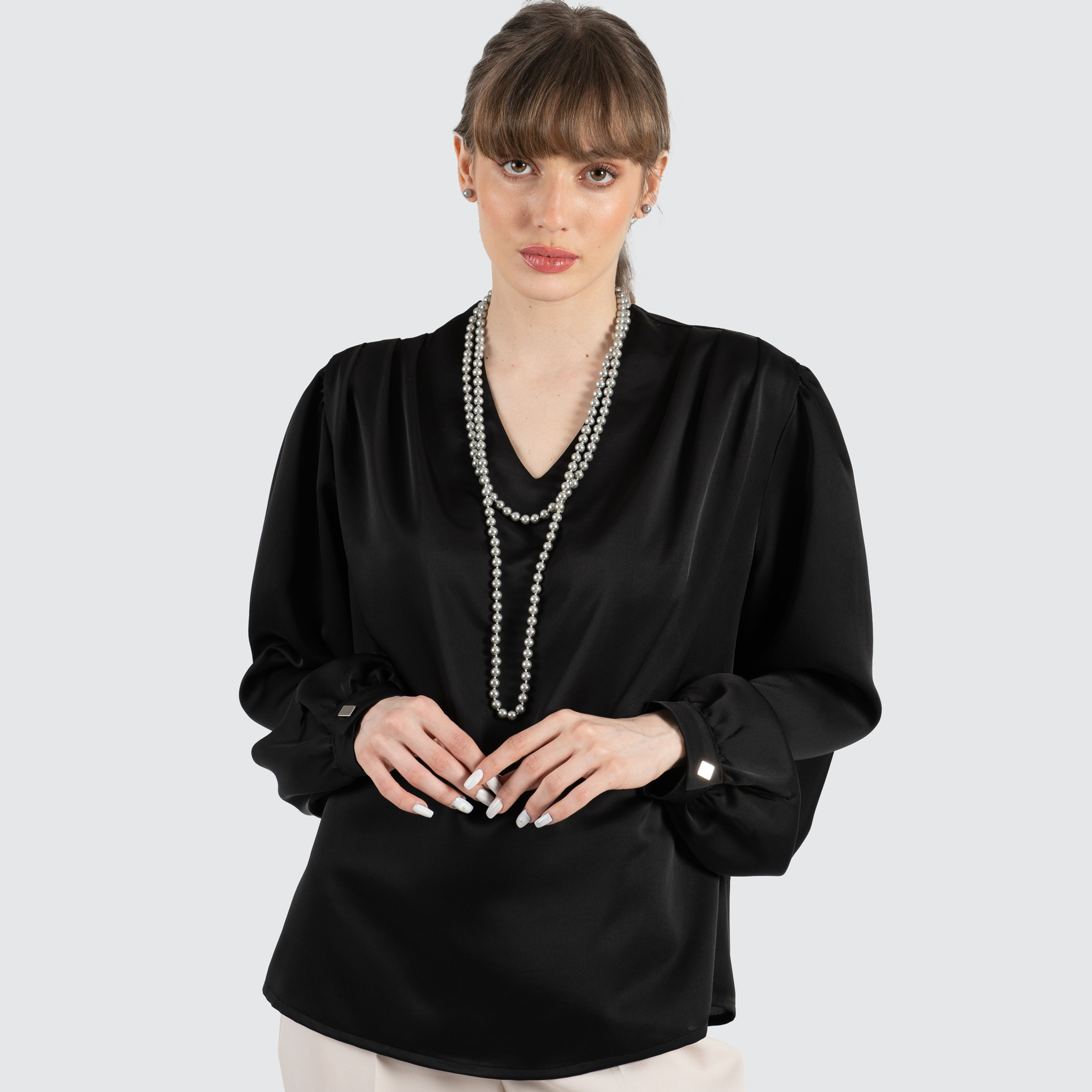 VINTAGE - SİYAH DRAPELİ BLUZ