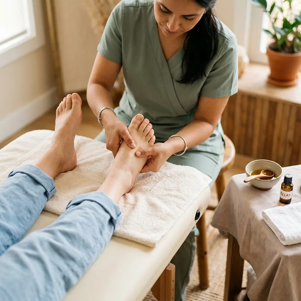 Wellness photography of a person receiving a relaxing foot massage. The scene suggests a tranquil and therapeutic spa setting.