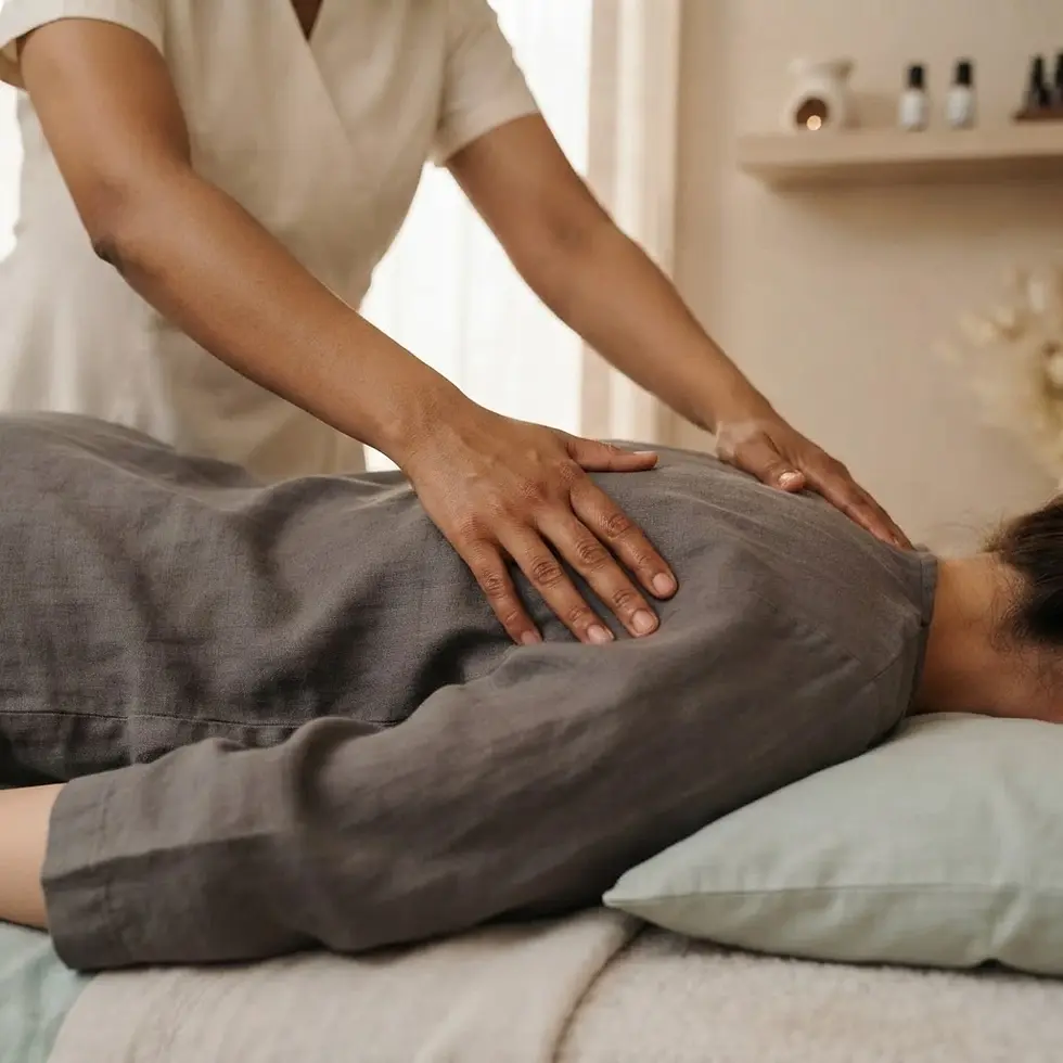 Wellness photography of a person receiving a therapeutic back massage. The scene evokes a sense of calm and relaxation.