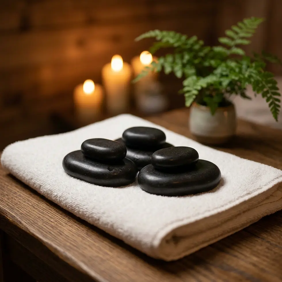 Studio photography of hot stones arranged on a towel, with candles and a fern. The scene emanates a warm and relaxing spa atmosphere.