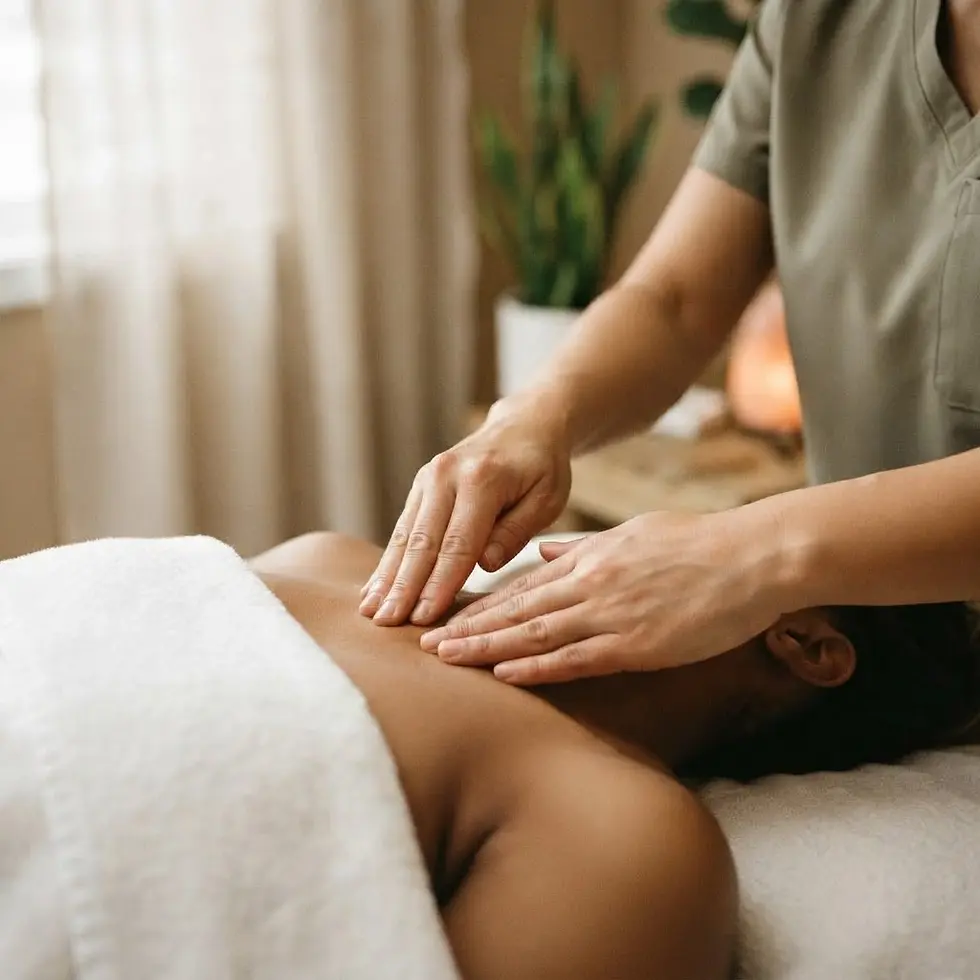 Studio photography of hands giving a therapeutic massage to the shoulders and neck of a person. The scene evokes a sense of calm and relaxation.