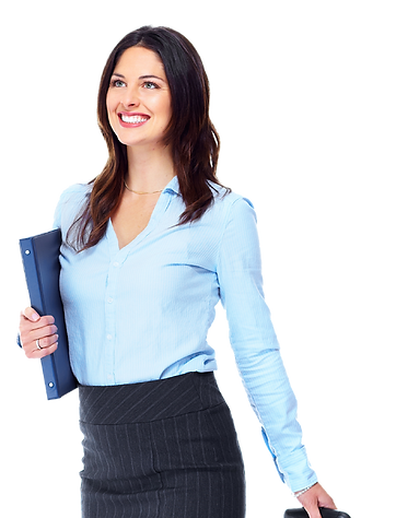 female wears formal outfit and holds file 