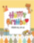 A cheerful birthday card with colorful, playful text reading "Happy Birthday From All of Us," surrounded by a cat, party hats, a gift box, cupcakes, and a patterned background.