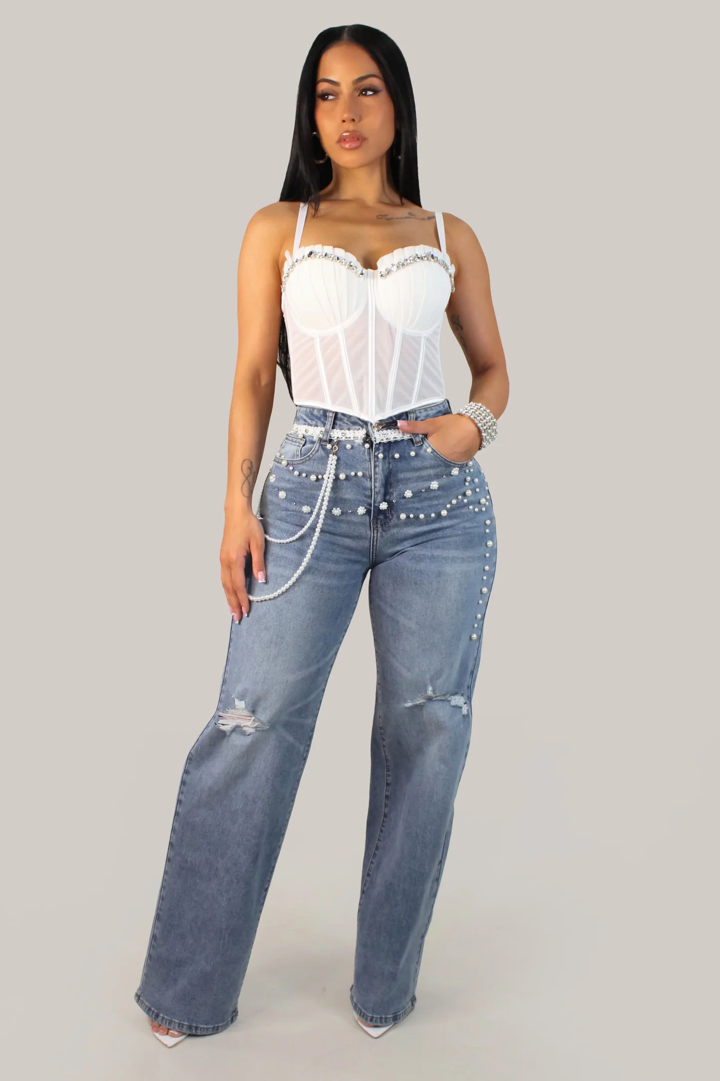 Pearled Flower Jeans 