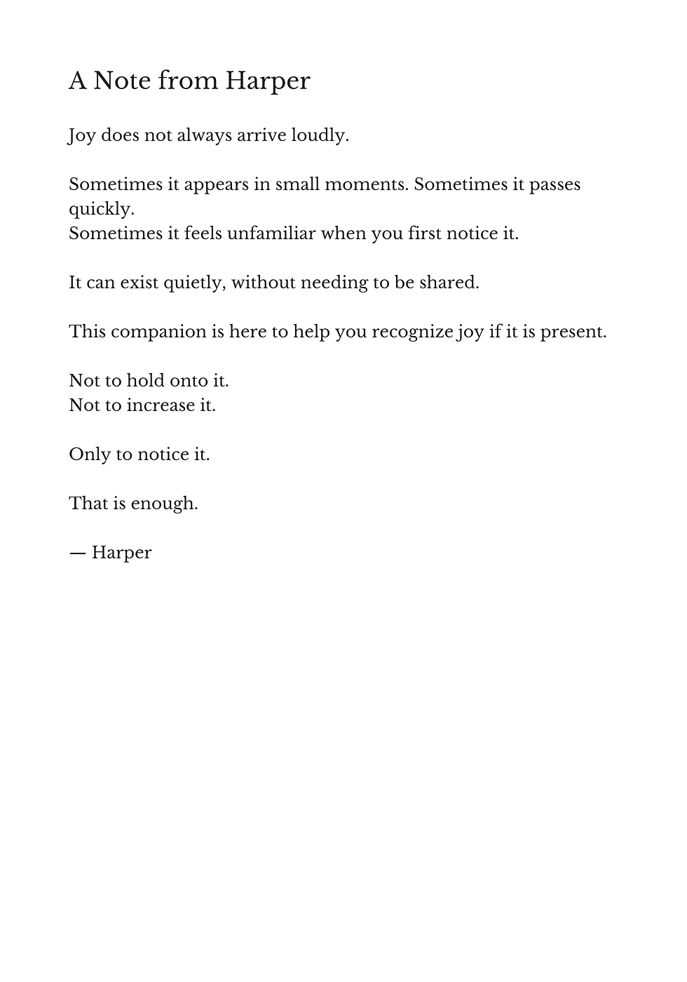 A Note From Harper introducing the experience of joy with gentle reflection and emotional awareness.