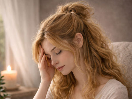 Woman resting her head in her hand, showing signs of emotional exhaustion and mental fatigue at home.
