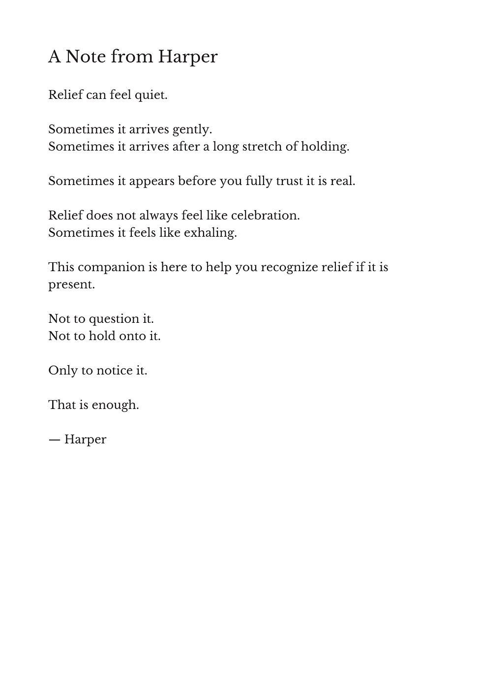 A Note From Harper introducing the experience of relief with gentle reflection and emotional awareness.