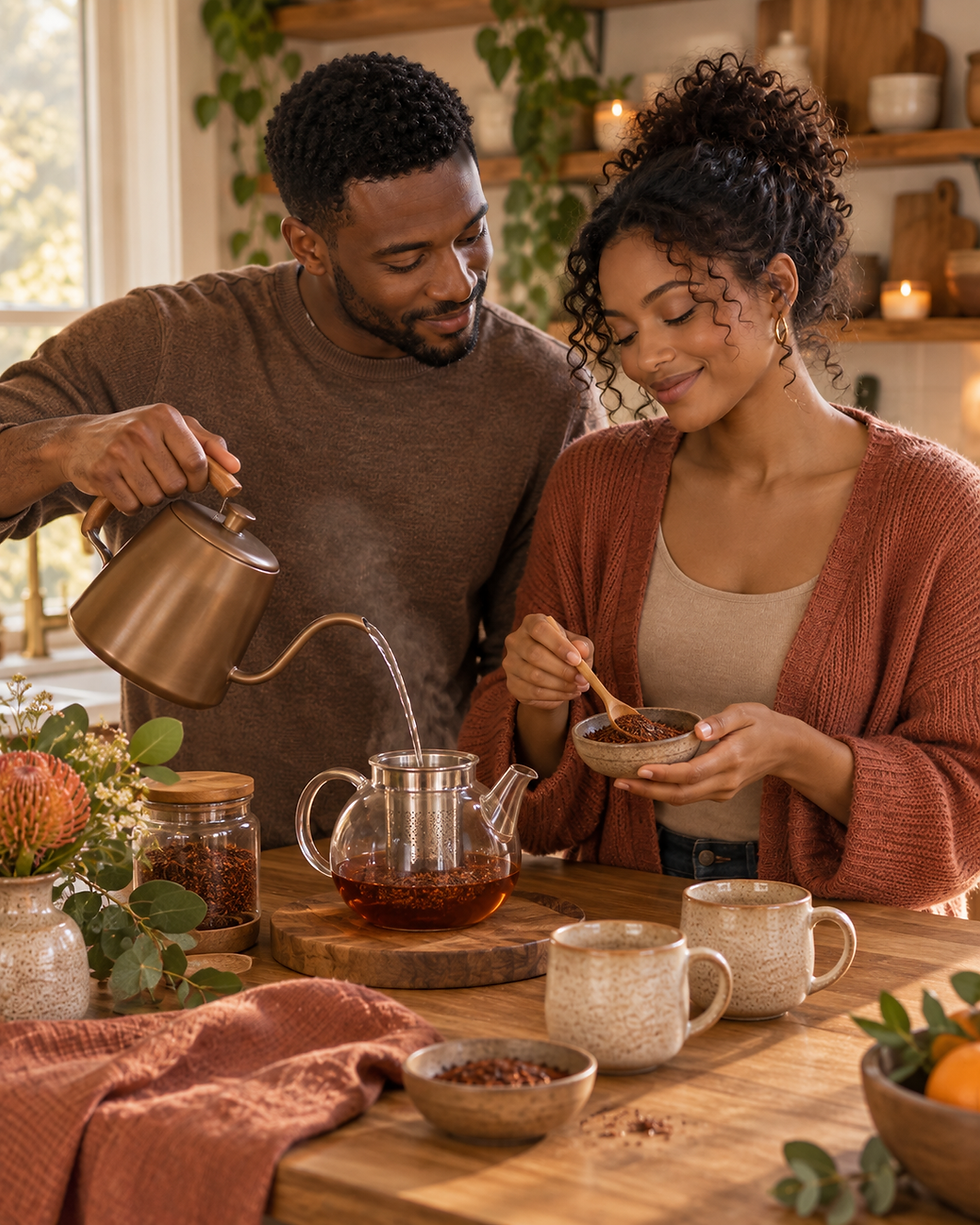 Young African American couple quietly preparing rooibos tea in a warm kitchen