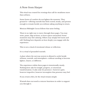 A Note From Harper page from the Mexican Midnight Cocoa ritual journal introducing the ritual experience.