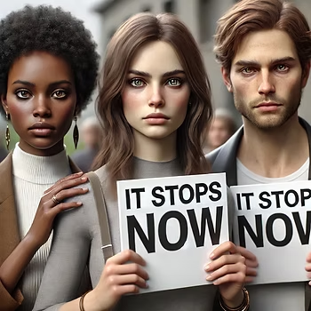 Survivors standing together holding signs that read ‘It Stops Now,’ representing advocacy, courage, and the call to end abuse.