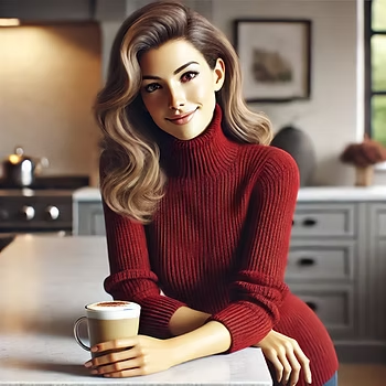 Woman holding a cup of coffee in a cozy kitchen, pausing mindfully and embracing a moment of calm.