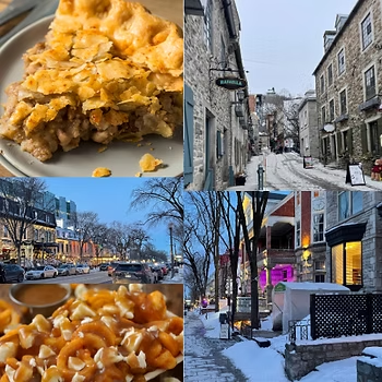 Collage of traditional Quebec foods and snowy Old Quebec streets, highlighting local cuisine and winter city charm