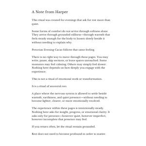 A Note From Harper page from the Peruvian Evening Cacao ritual journal introducing the ritual experience.