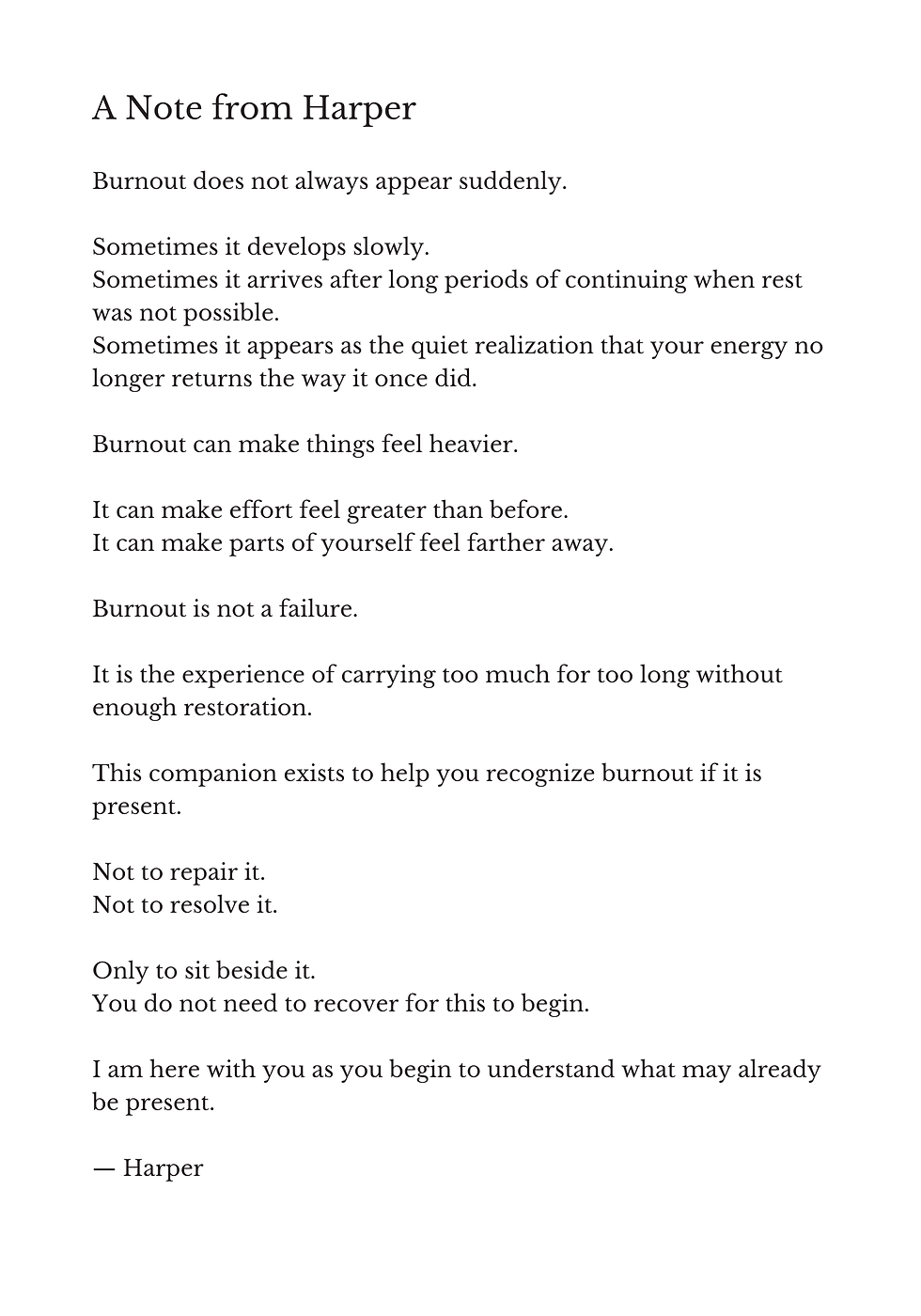 A Note From Harper introducing the experience of burnout with gentle reflection and emotional awareness