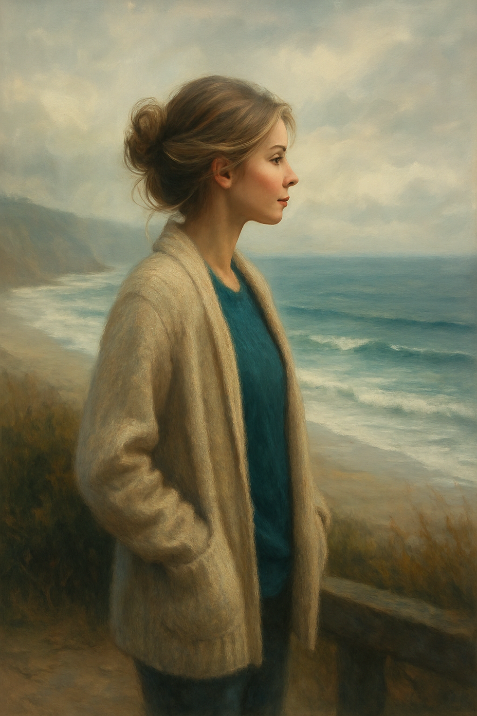 A woman standing quietly near the ocean, pausing to reflect and breathe, symbolizing mindfulness and intentional decision-making.
