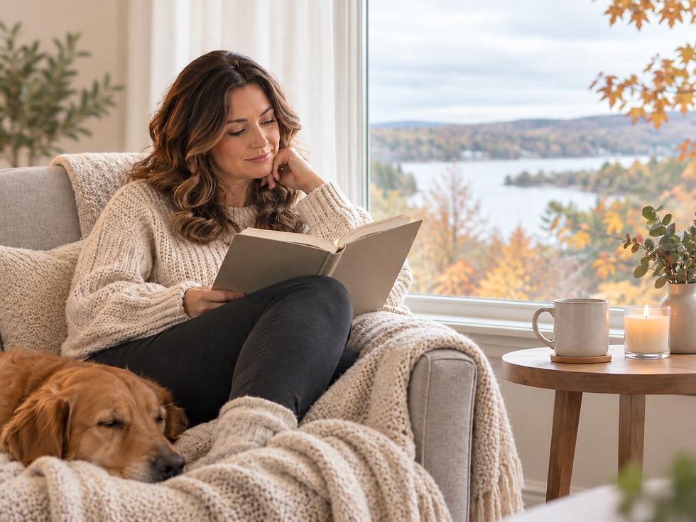 Quiet reading for transitional seasons beside a lake in a soft autumn setting