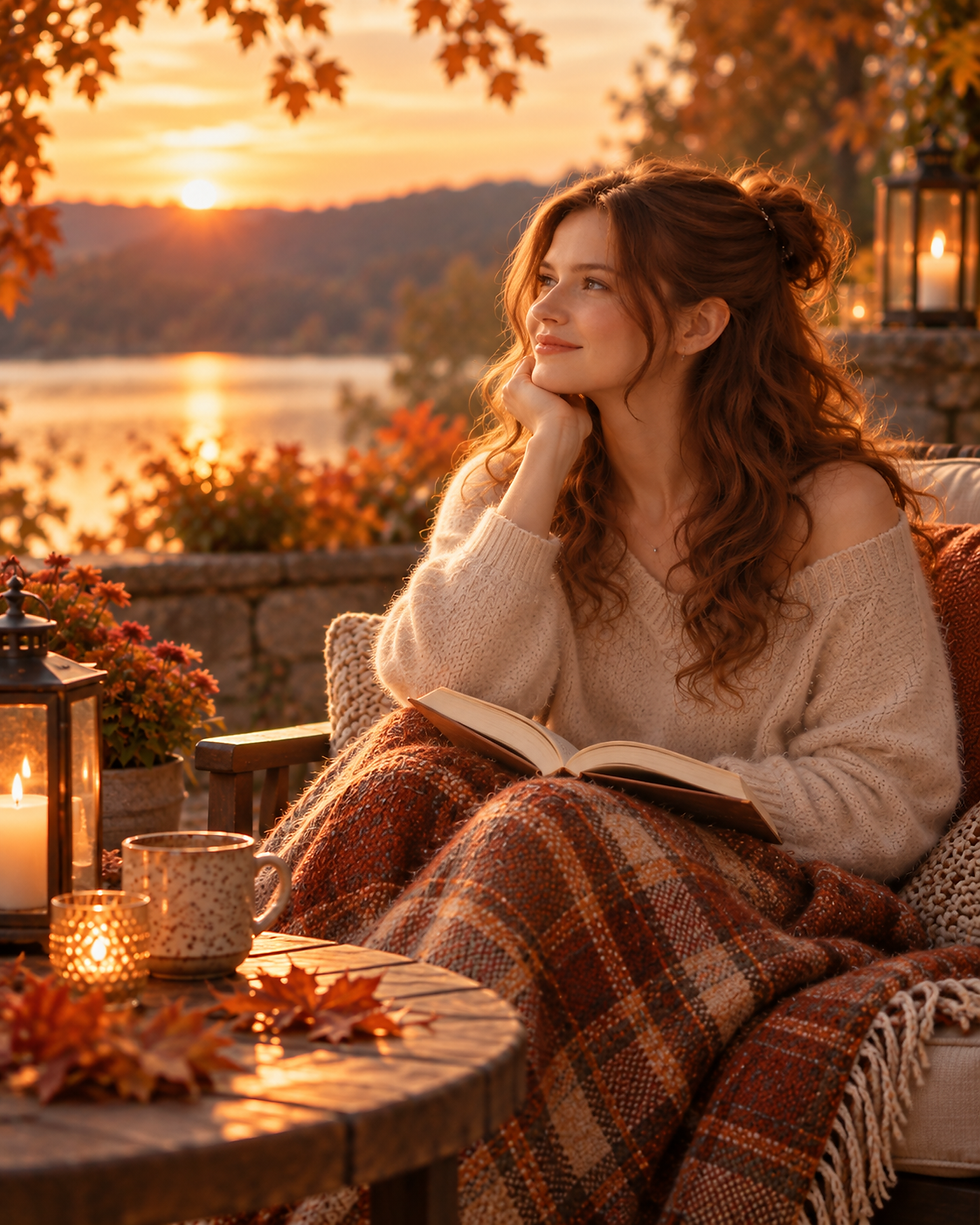 Woman quietly thinking with an open book beside a glowing fall sunset