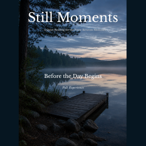Still Moments cover featuring a quiet shoreline at dawn with soft morning light and calm water.