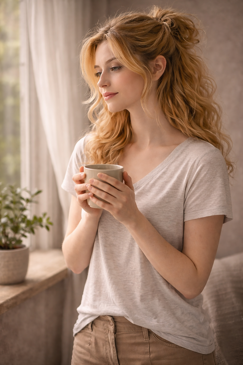 Woman standing at a window drinking tea during a calm moment of emotional reset and mental fatigue.