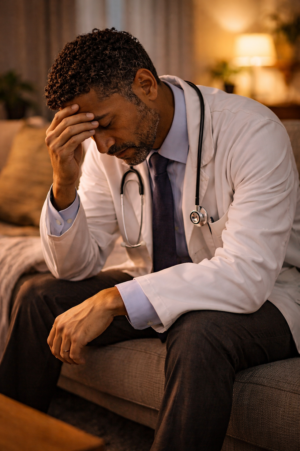 Healthcare professional seated indoors in quiet stillness while processing work-related stress.