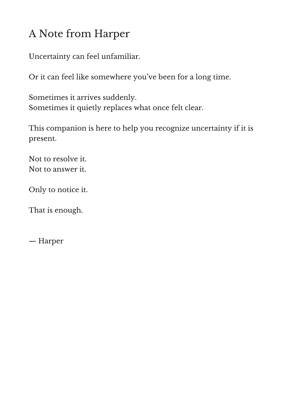 A Note From Harper introducing the experience of uncertainty with gentle reflection and emotional awareness.