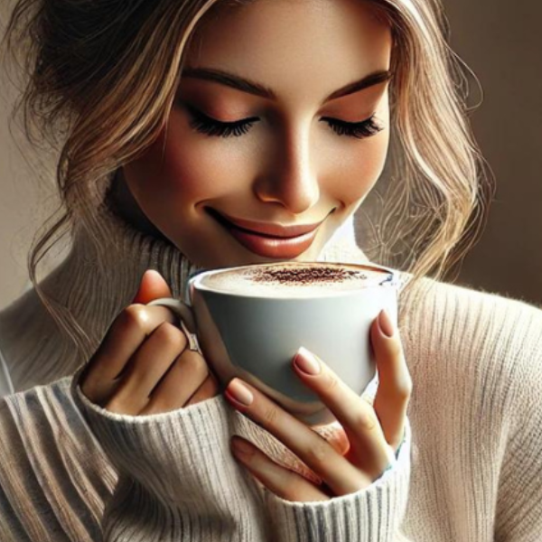 Woman practicing a mindful morning ritual while holding a warm cup of coffee and pausing in quiet reflection