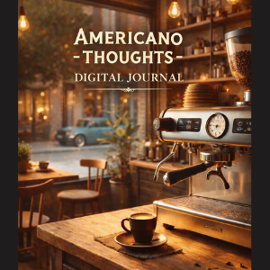 Cozy café scene with espresso machine and warm Americano coffee for the Americano Thoughts digital journal.