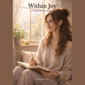 Woman journaling by sunlit window, soft smile and warm morning light