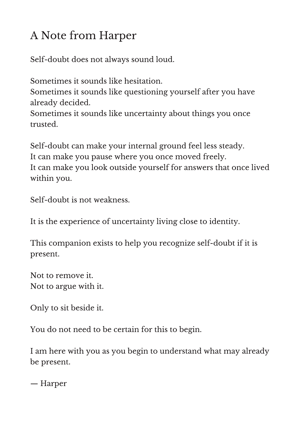A Note From Harper introducing the experience of self-doubt with gentle reflection and emotional awareness.