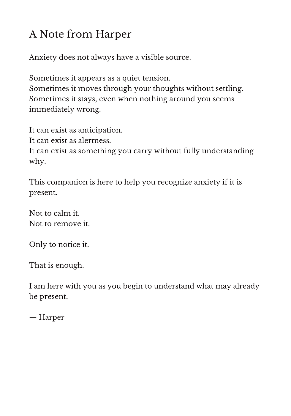 A Note From Harper introducing the experience of anxiety with gentle reflection and emotional awareness.