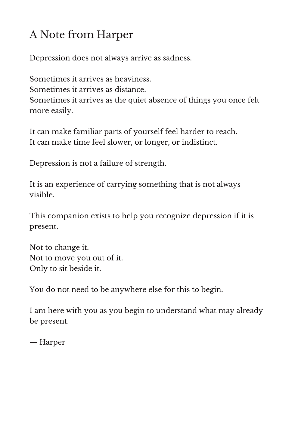 A Note From Harper introducing the experience of depression with gentle reflection and emotional awareness.