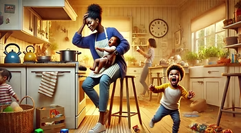 A family sitting together in a living room while a young child stands energetically on the couch holding a soccer ball.