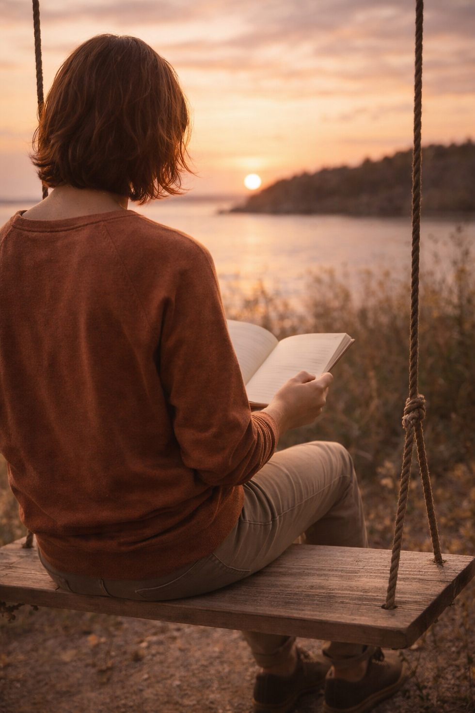 person reading on wooden swing overlooking water at sunset in warm evening light
