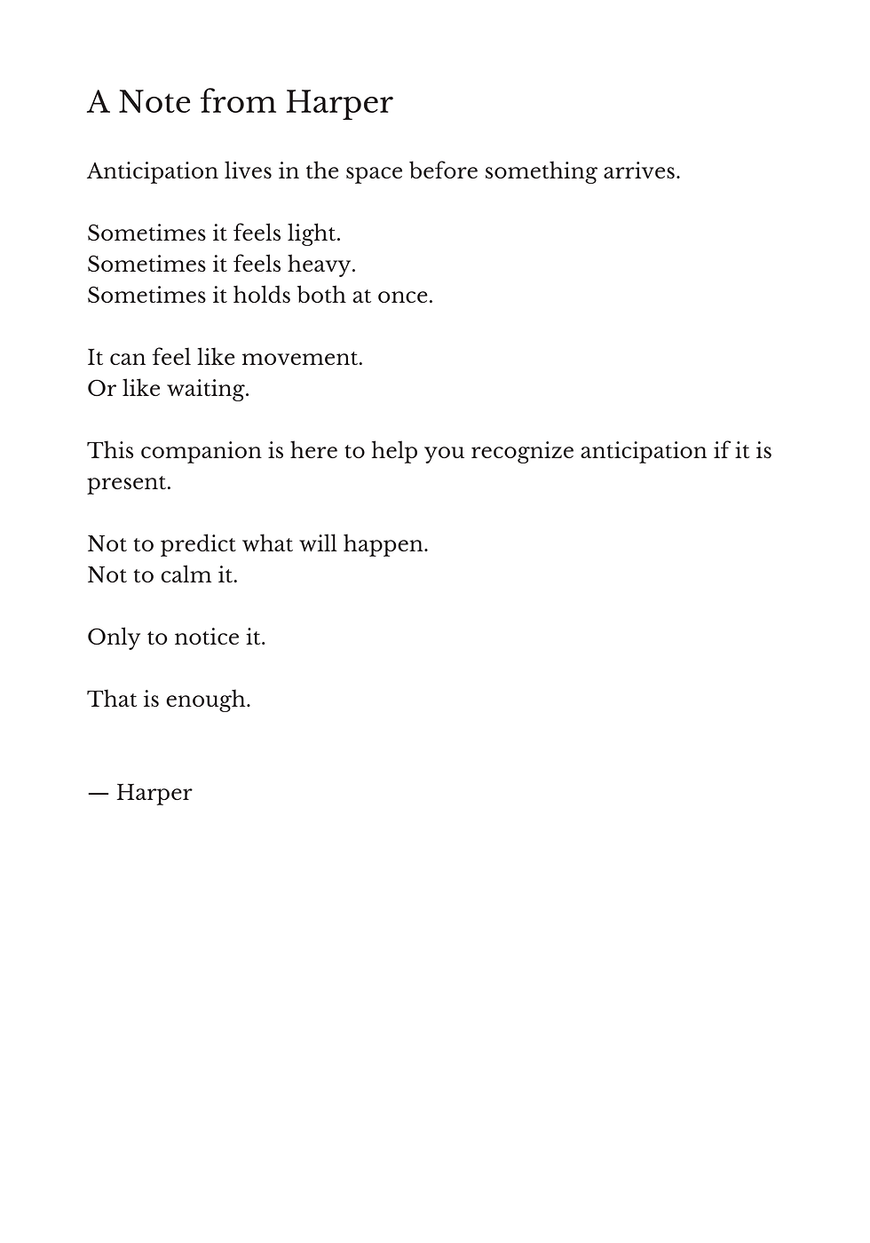 A Note From Harper introducing the experience of anticipation with gentle reflection and emotional awareness.