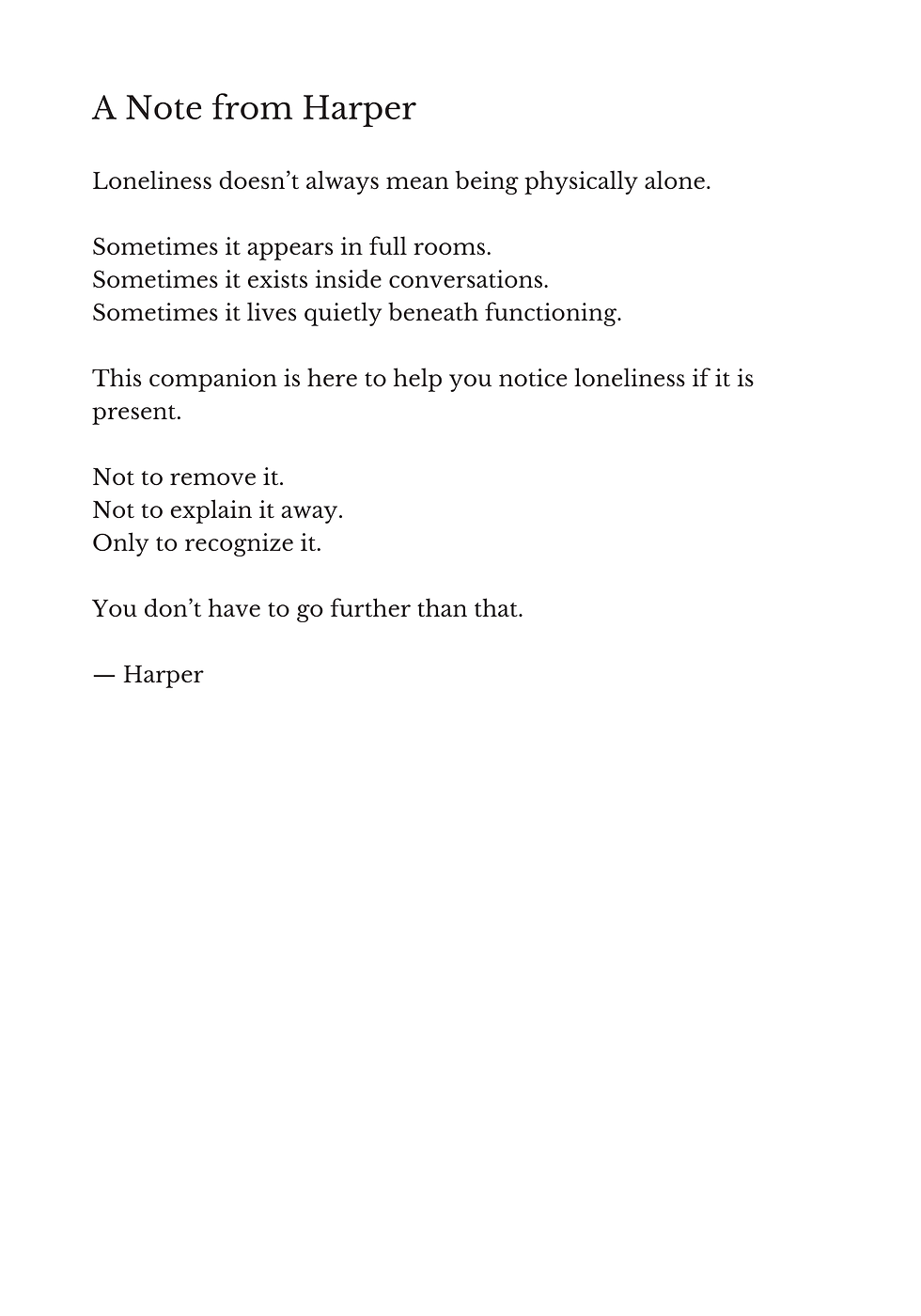 A Note From Harper introducing the experience of loneliness with gentle reflection and emotional awareness.