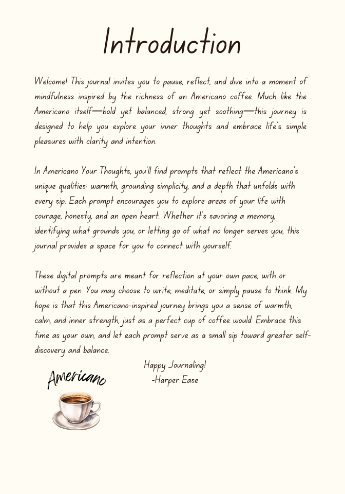 Introduction page from the Americano Thoughts digital journal with a reflective message and café-inspired design.