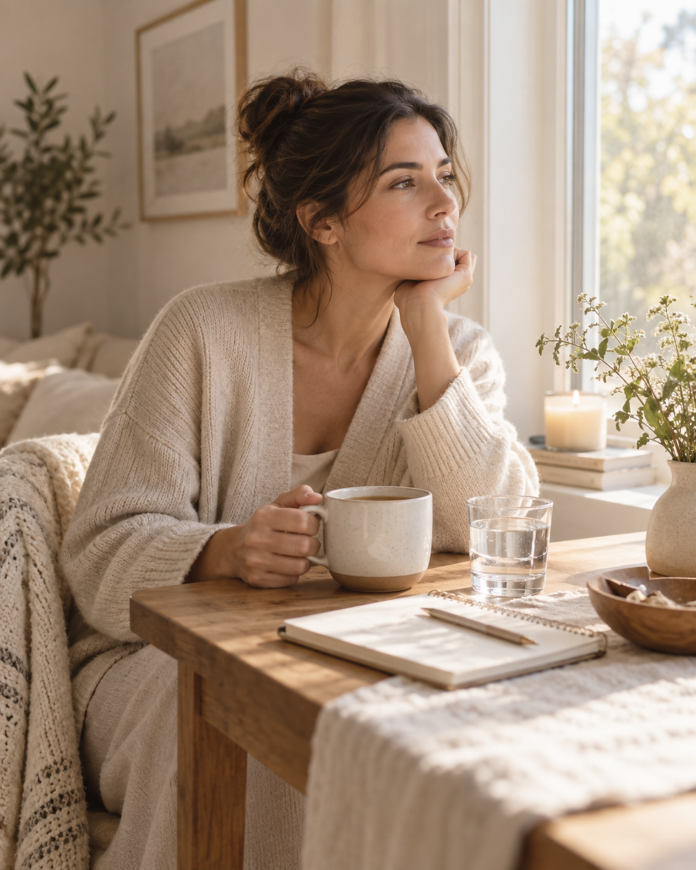 Five-minute ritual for feeling scattered with a quiet cup, water, and soft window light