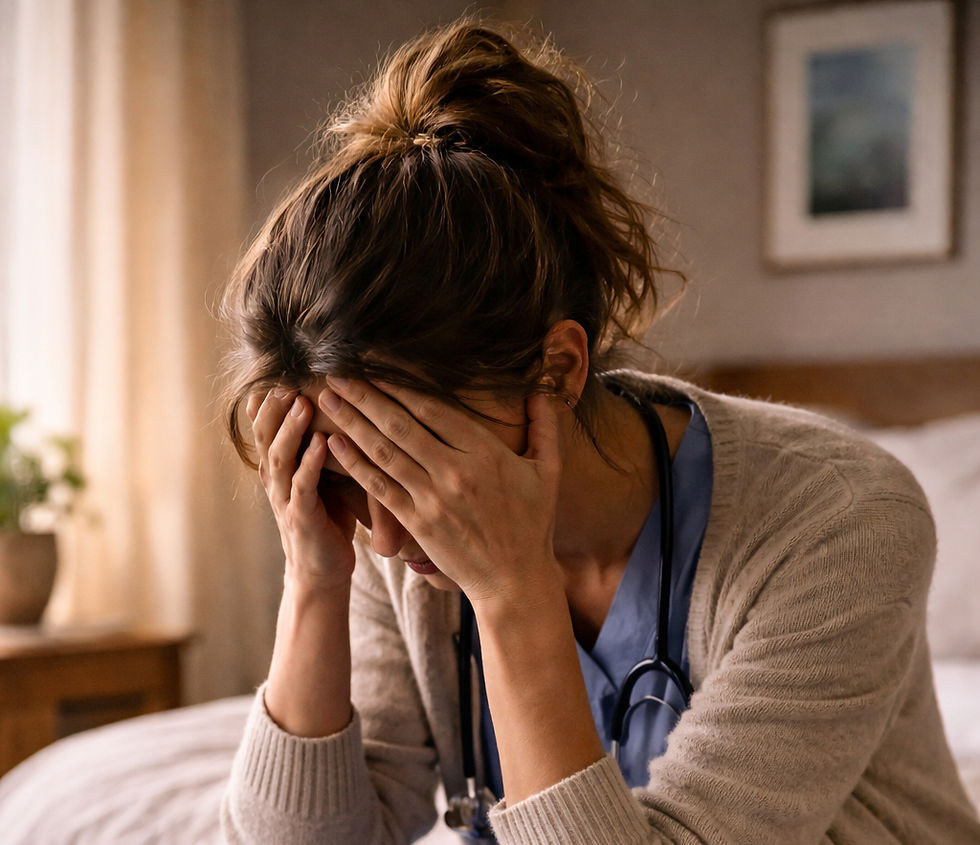 Female healthcare worker sitting on a bed at home with hands covering her face during emotional exhaustion.