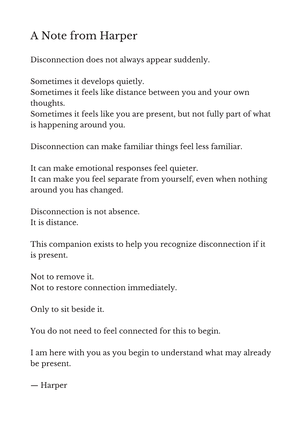 A Note From Harper introducing the experience of emotional disconnection with gentle reflection and emotional awareness.
