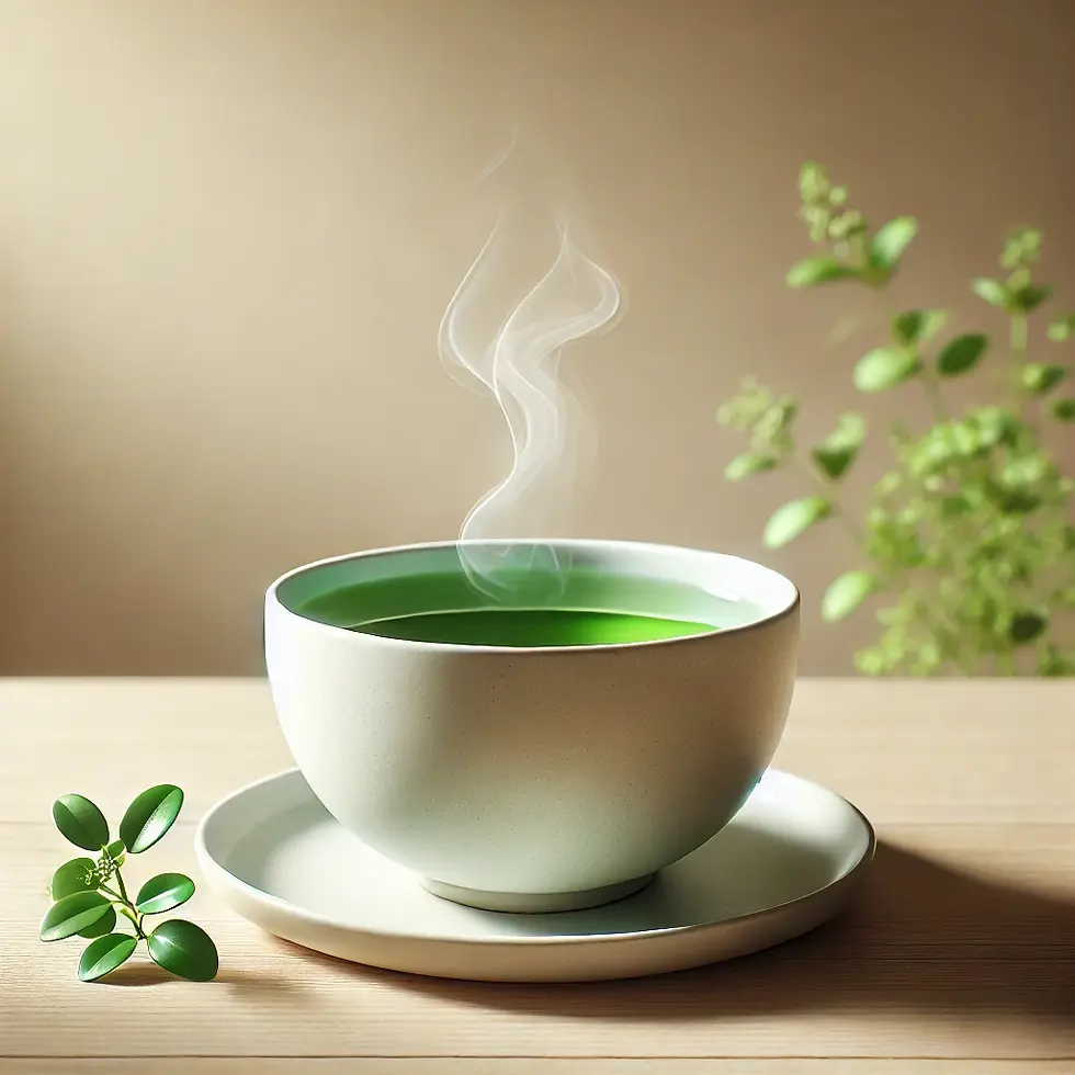 Steaming cup of green tea on a minimalist surface, symbolizing calm, balance, and restorative daily rituals.