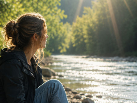 woman sitting beside river with stacked stones in peaceful natural sunlight