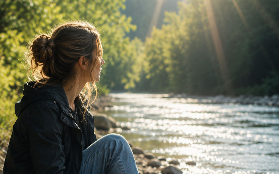 woman sitting beside river with stacked stones in peaceful natural sunlight
