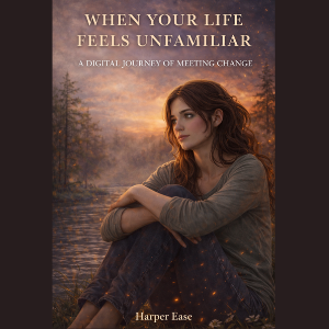 Woman sitting by a lake at dusk, reflecting quietly during a season of personal change.