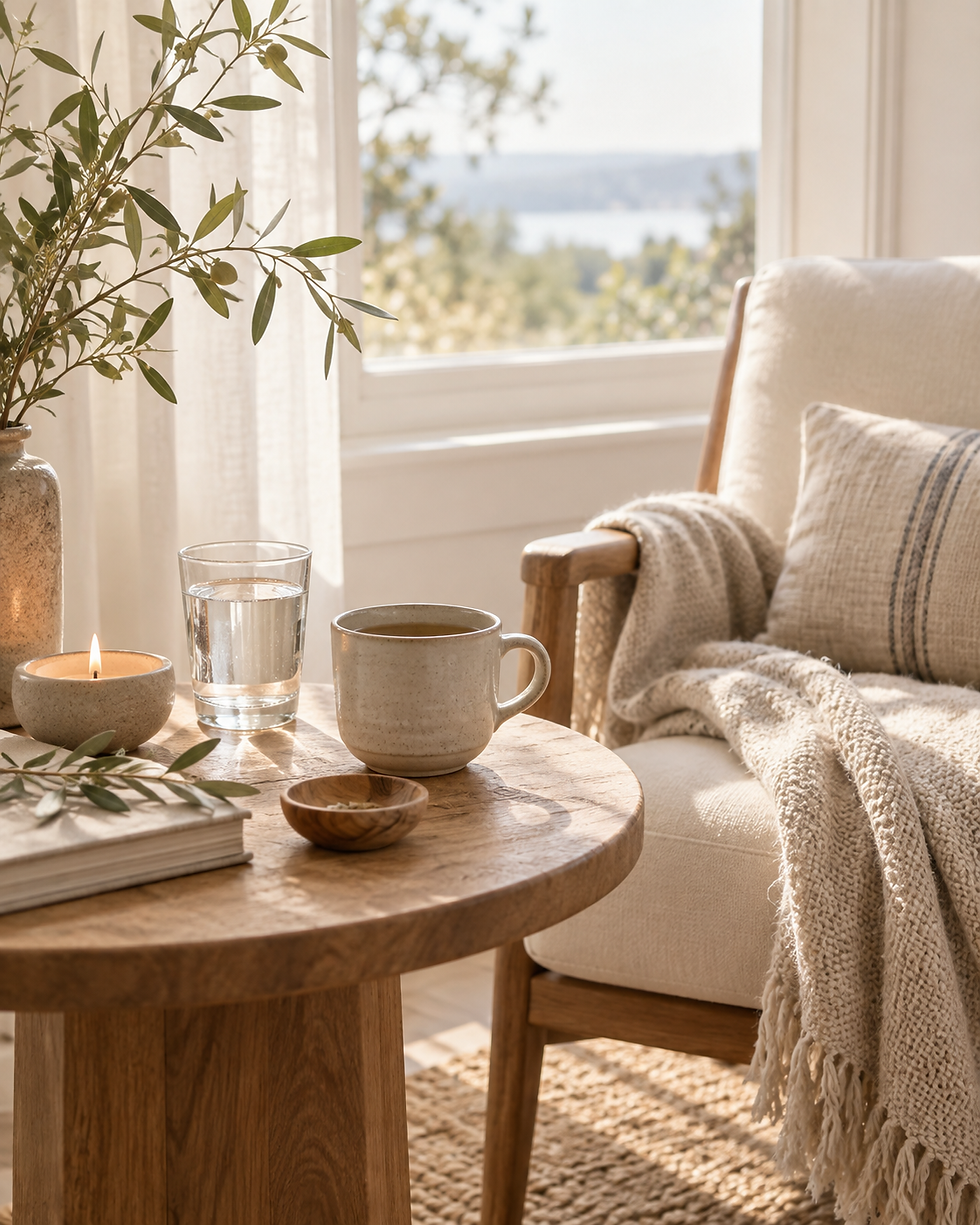 Simple grounding pause with a warm mug, glass of water, candle, and cozy chair