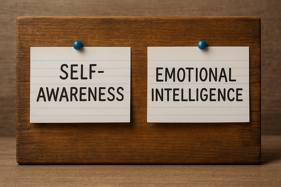 Wooden signs labeled self-awareness and emotional intelligence, representing foundational skills in leadership development.