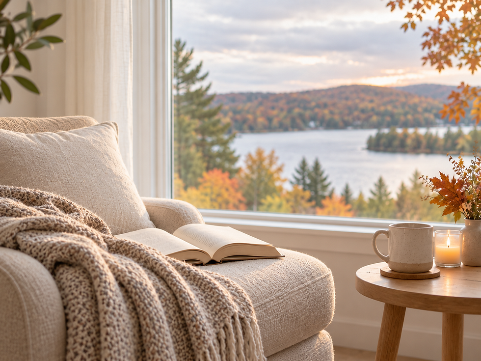 Open book resting in a peaceful reading chair overlooking a calm autumn lake