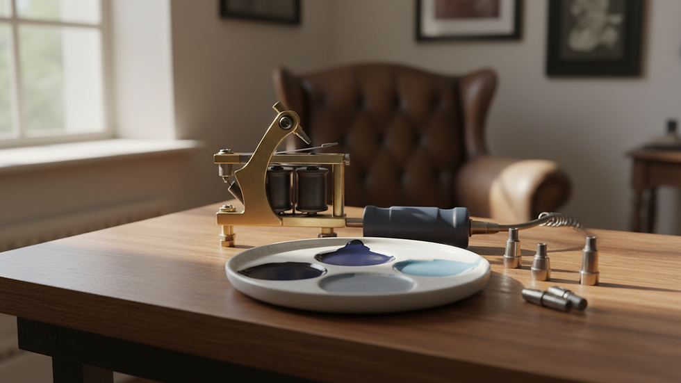 Eye-level view of a professional tattoo machine and pigment palette