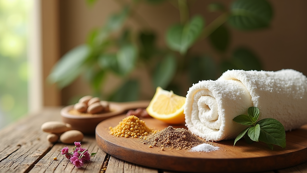 High angle view of natural ingredients used in body wraps arranged on a wooden table