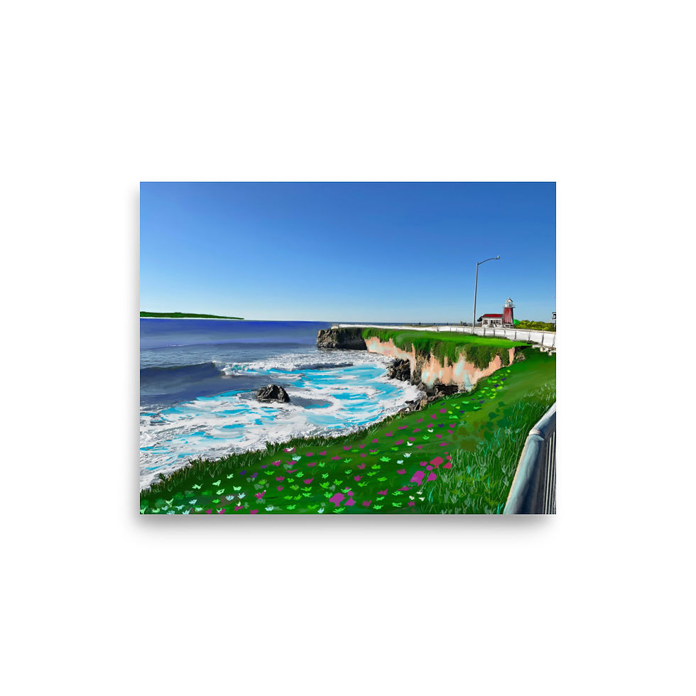 Thumbnail: Santa Cruz surf wall art showing Steamer Lane waves and red lighthouse along West Cliff Drive with wildflowers and blue ocean