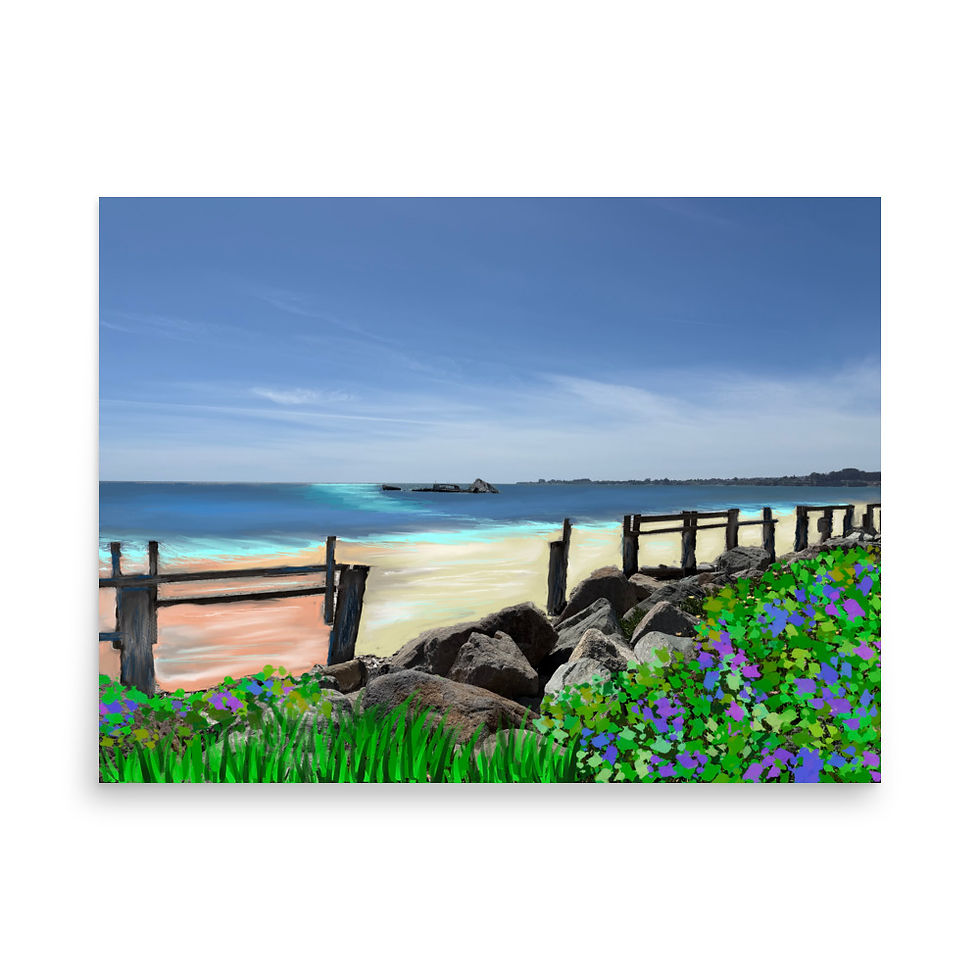 Thumbnail: Seacliff Beach wall art showing the Cement Ship off the coast of Aptos California with ocean shoreline and coastal flowers